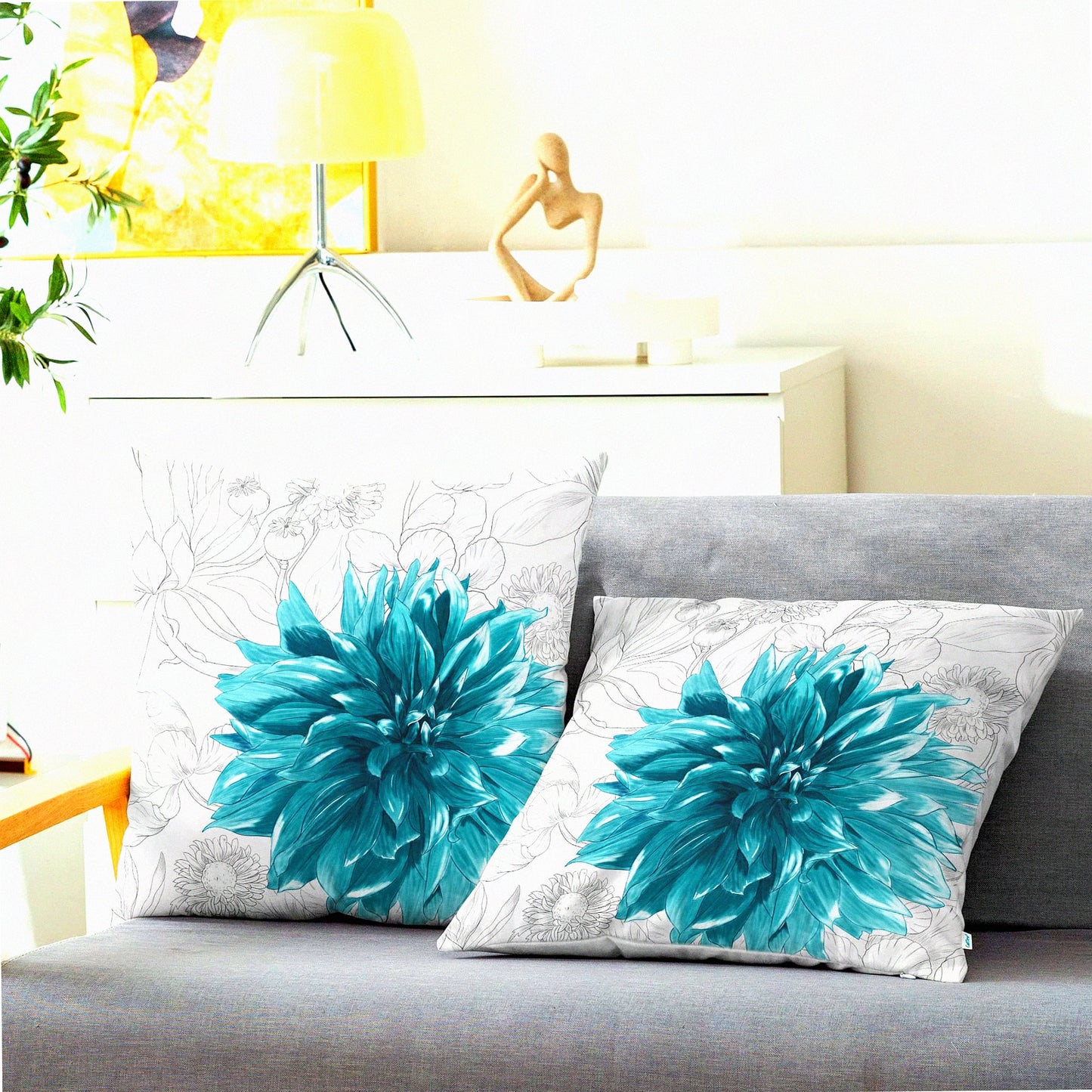 CozyFlora Throw Pillow Covers - Pack of 2 Colorful Dahlia Flower Cases with Simple Strokes Design for Couch Bed Sofa Farmhouse Decoration.