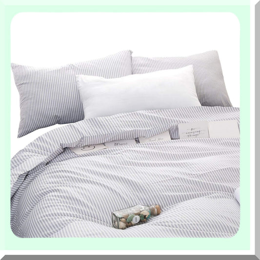 Gray White Stripe Comforter Set - Queen Size 3 Piece Lightweight Cotton Bedding - Neutral Farmhouse Aesthetic for Men and Women - Pinstriped Design