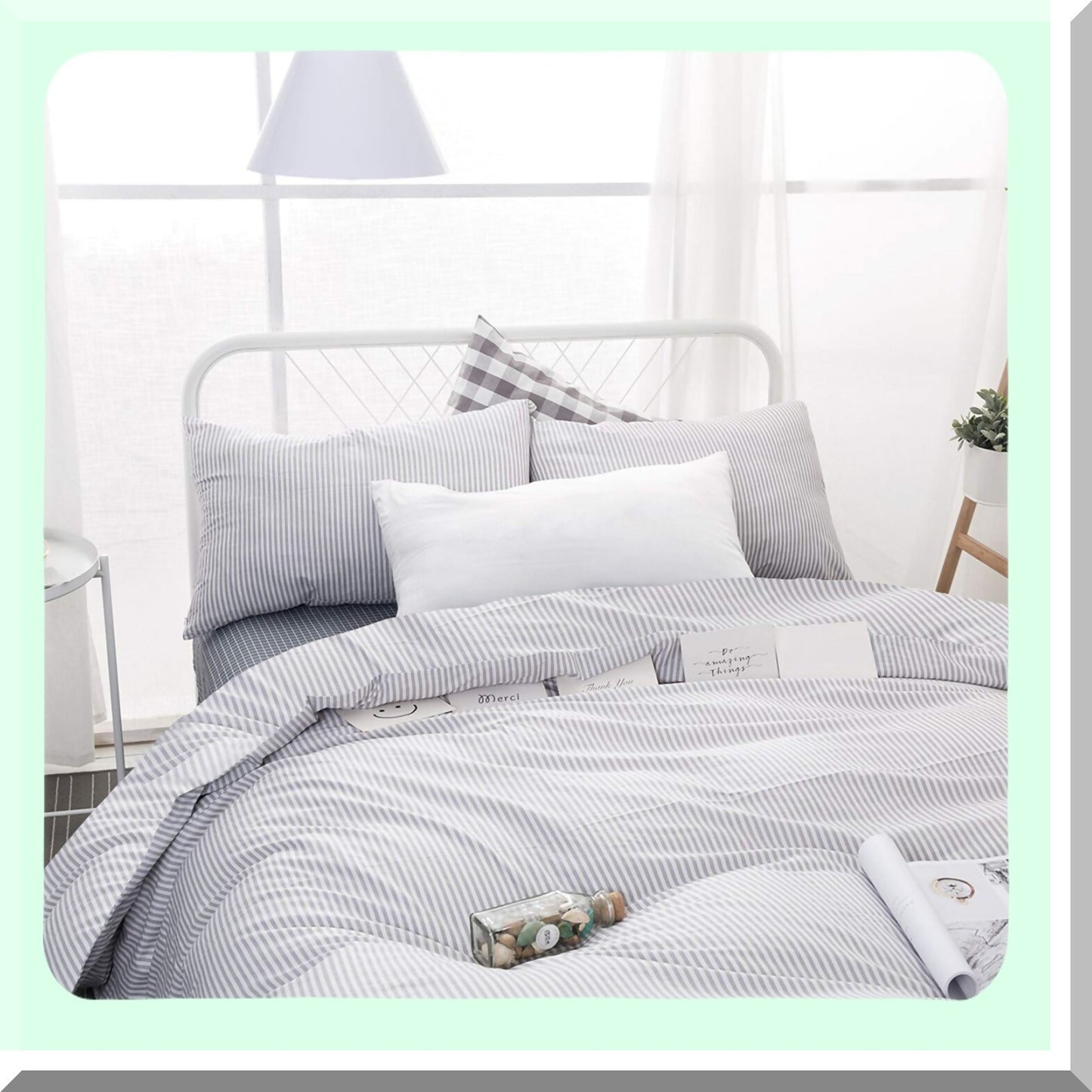 Gray White Stripe Comforter Set - Queen Size 3 Piece Lightweight Cotton Bedding - Neutral Farmhouse Aesthetic for Men and Women - Pinstriped Design