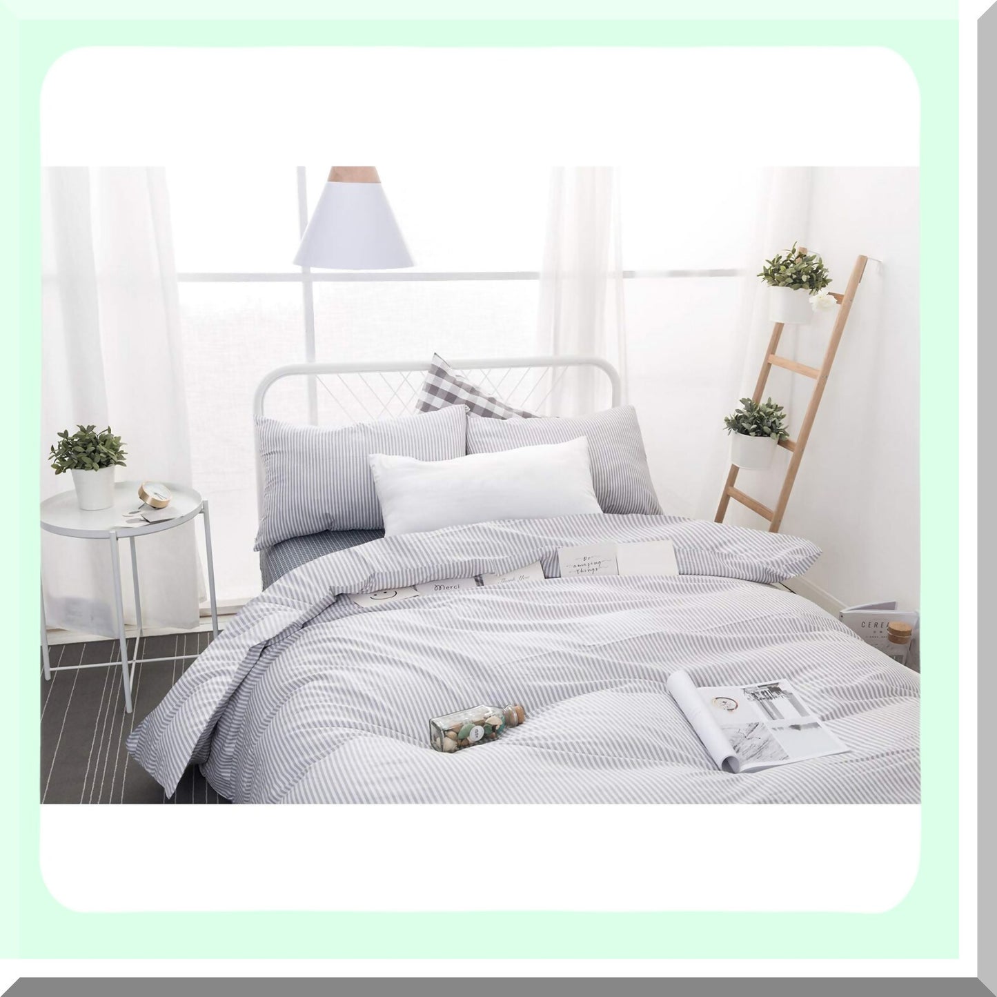 Gray White Stripe Comforter Set - Queen Size 3 Piece Lightweight Cotton Bedding - Neutral Farmhouse Aesthetic for Men and Women - Pinstriped Design