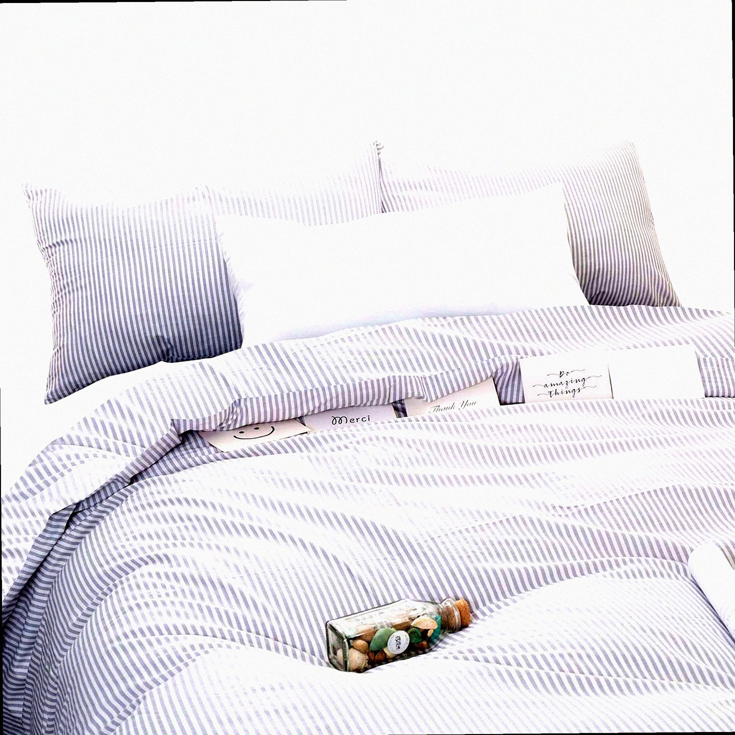 Gray White Stripe Comforter Set - Queen Size 3 Piece Lightweight Cotton Bedding - Neutral Farmhouse Aesthetic for Men and Women - Pinstriped Design