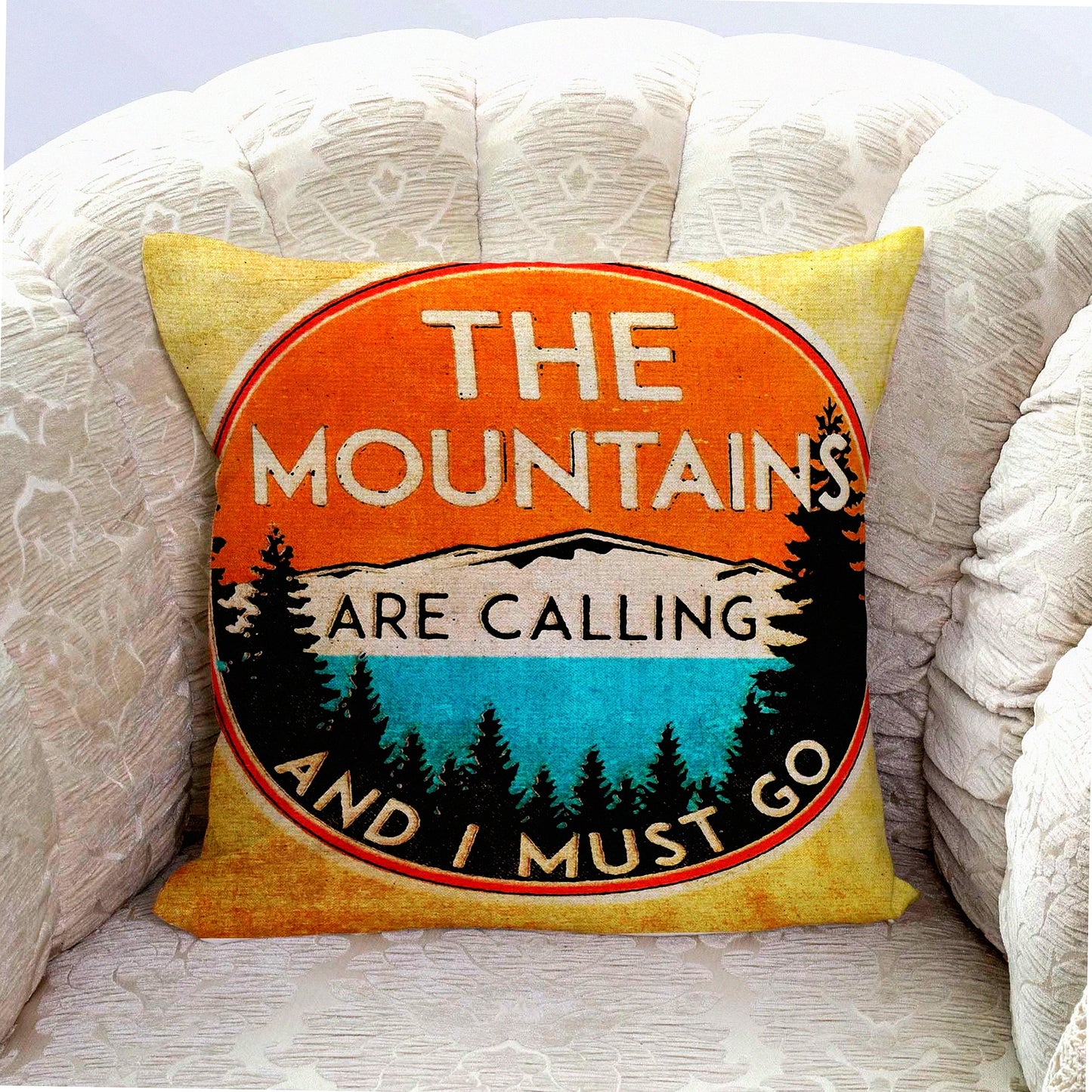 Mountain Escape Pillow Cover - 18x18 Decorative Throw Pillow with The Mountains are Calling and I Must Go Design - Home Decor Accent Cover