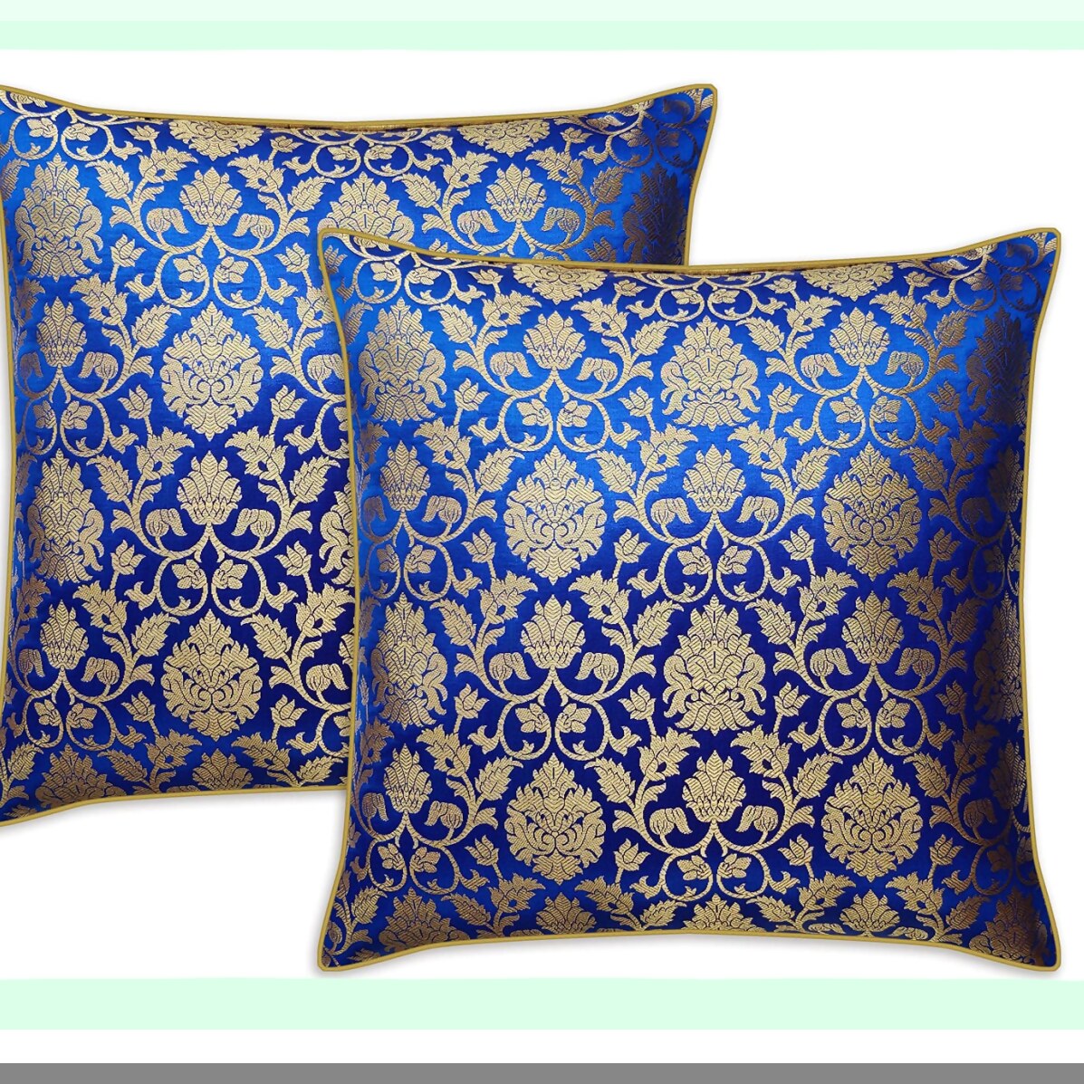 Royal Brocade Silk Throw Pillow Covers - Set of 2 Decorative Cushions - Jacquard Cover in Royal Blue and Gold - 20x20 Inch - Cover Only