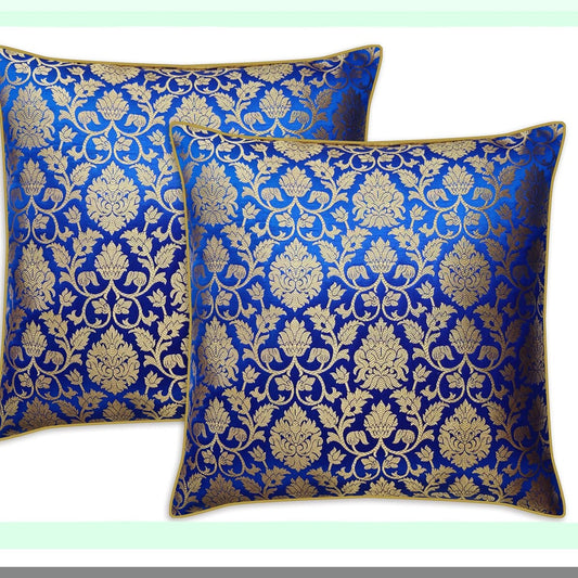 Royal Brocade Silk Throw Pillow Covers - Set of 2 Decorative Cushions - Jacquard Cover in Royal Blue and Gold - 20x20 Inch - Cover Only