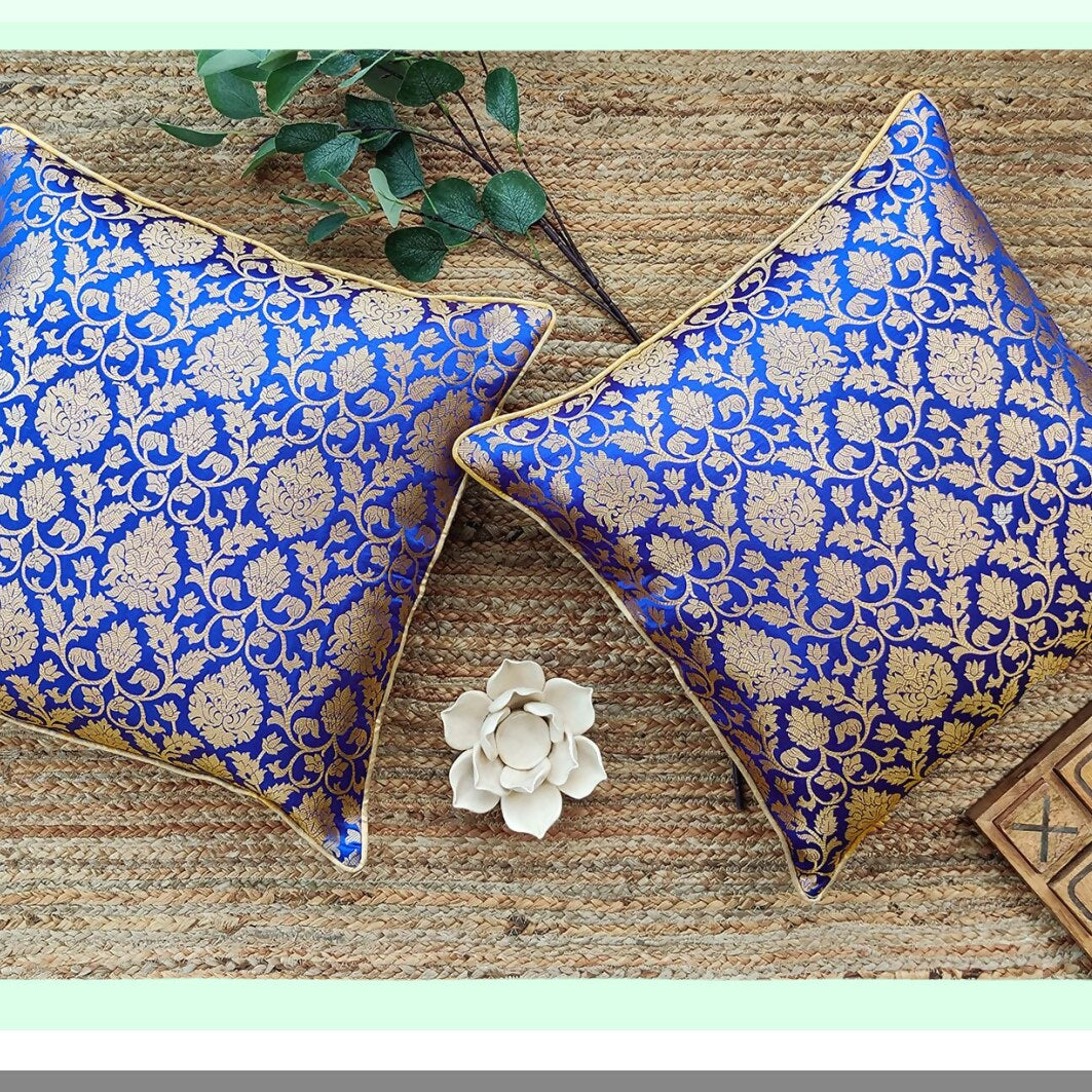 Royal Brocade Silk Throw Pillow Covers - Set of 2 Decorative Cushions - Jacquard Cover in Royal Blue and Gold - 20x20 Inch - Cover Only