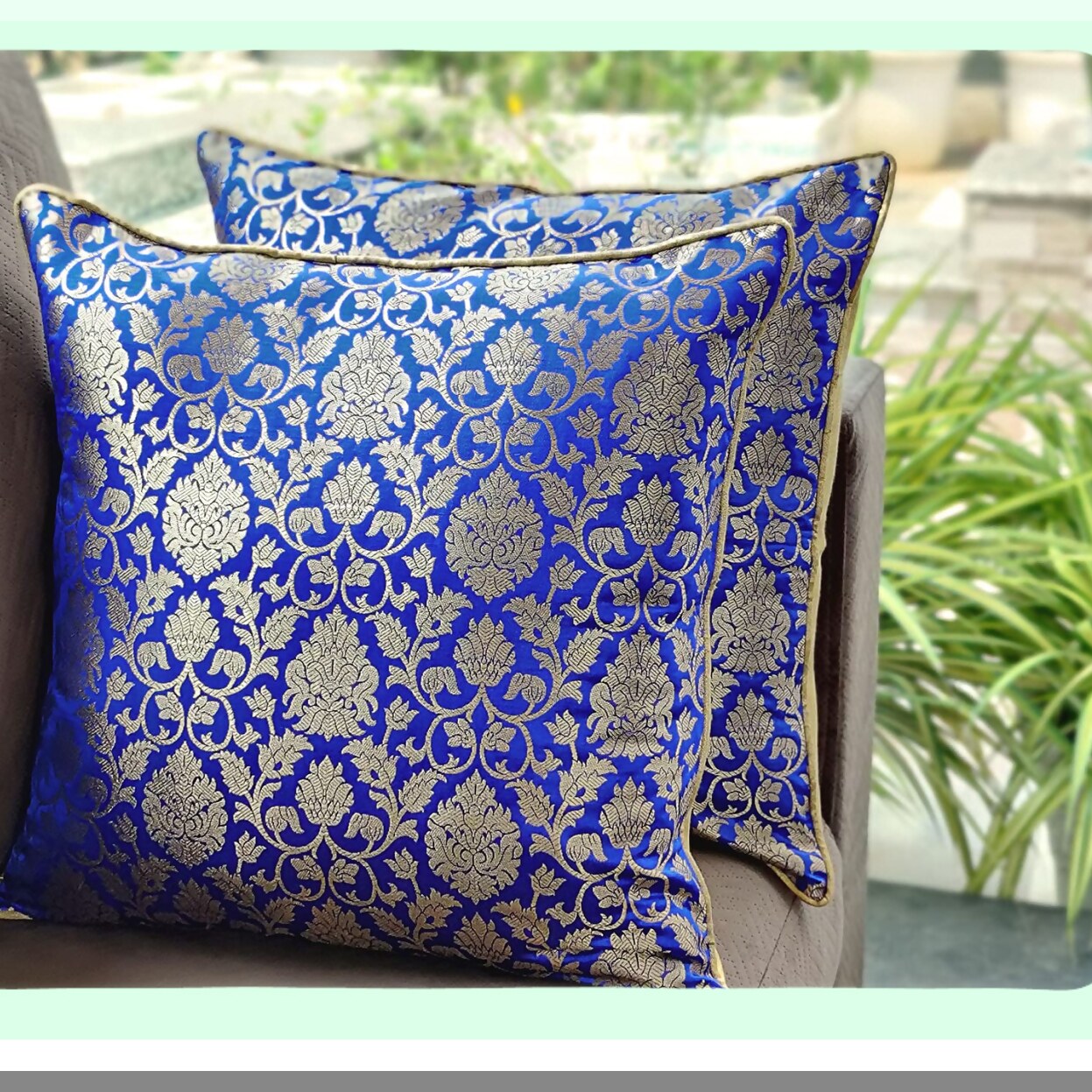 Royal Brocade Silk Throw Pillow Covers - Set of 2 Decorative Cushions - Jacquard Cover in Royal Blue and Gold - 20x20 Inch - Cover Only