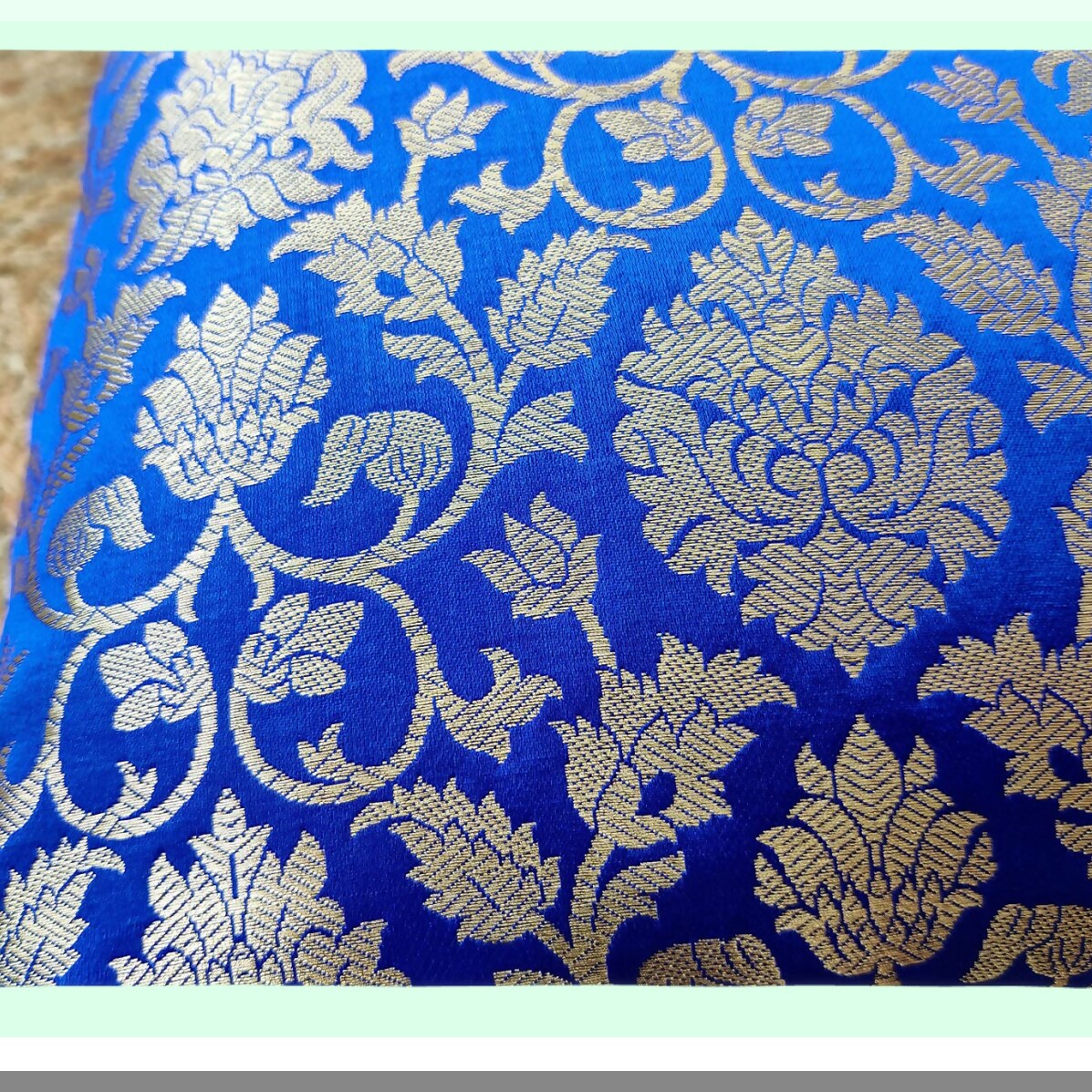 Royal Brocade Silk Throw Pillow Covers - Set of 2 Decorative Cushions - Jacquard Cover in Royal Blue and Gold - 20x20 Inch - Cover Only