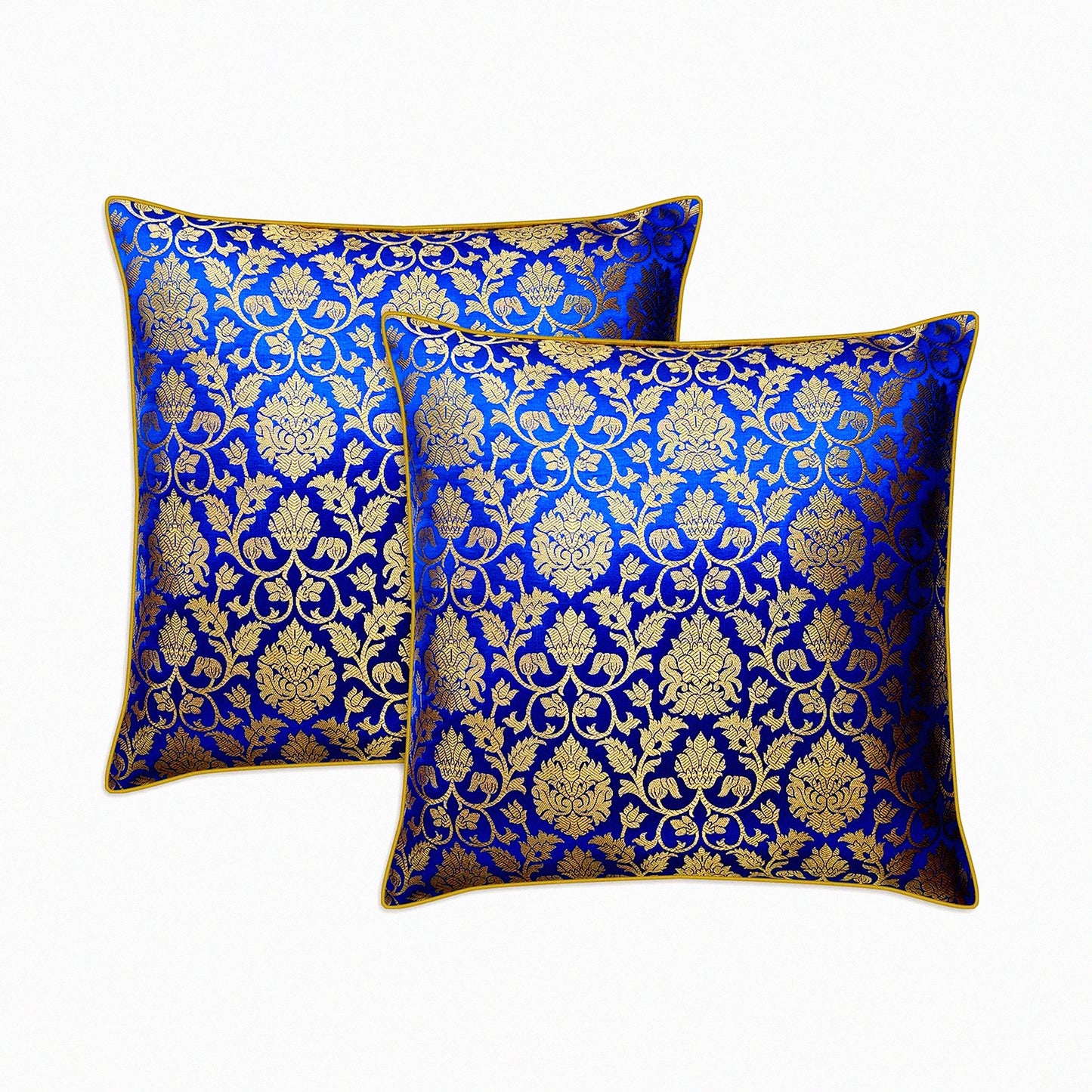 Royal Brocade Silk Throw Pillow Covers - Set of 2 Decorative Cushions - Jacquard Cover in Royal Blue and Gold - 20x20 Inch - Cover Only