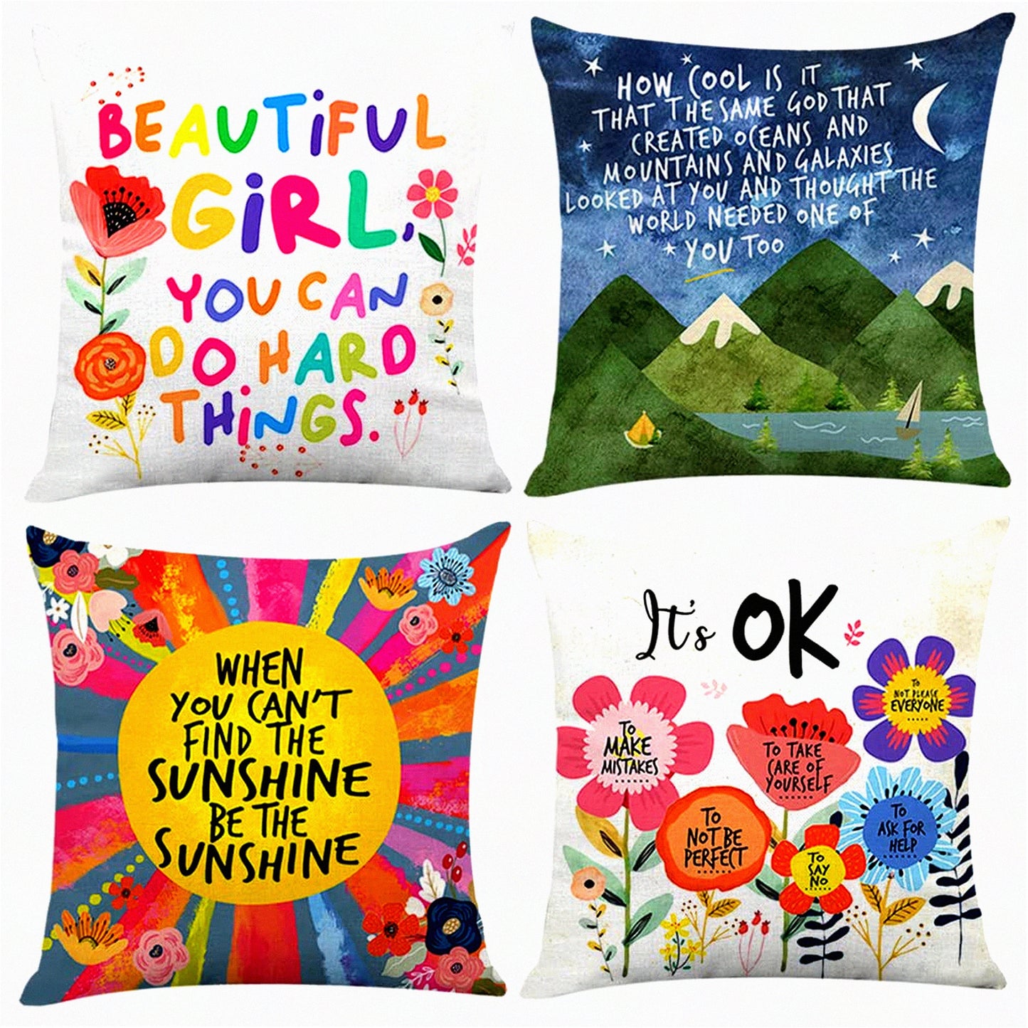 EmpowerHer Inspirational Quotes Pillow Covers - Set of 4, 18" x 18" Cushion Cases for Girls & Women, Sofa Bed Couch Decor - Motivational Gifts