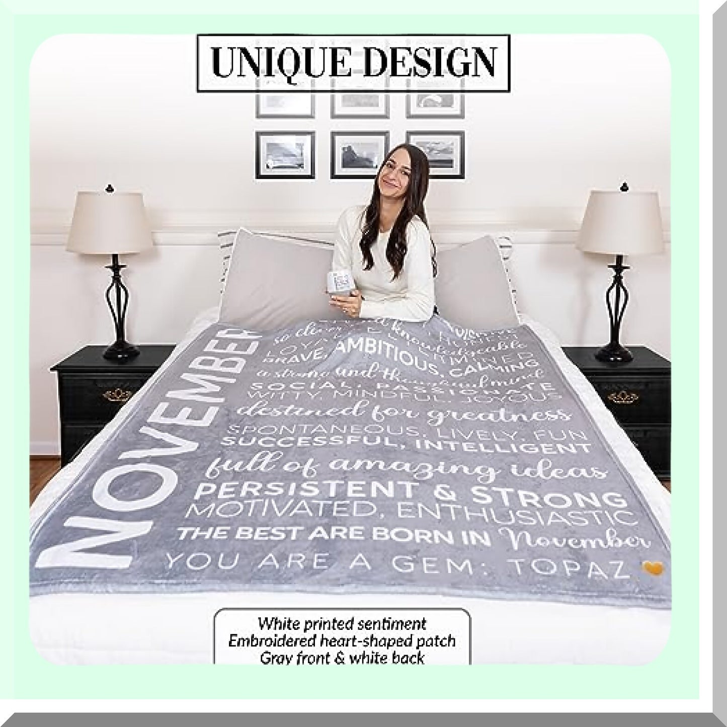 November Royal Plush Birthday Blanket - Cozy Gray Throw with Yellow Embroidered Heart, 50 x 60 inches
