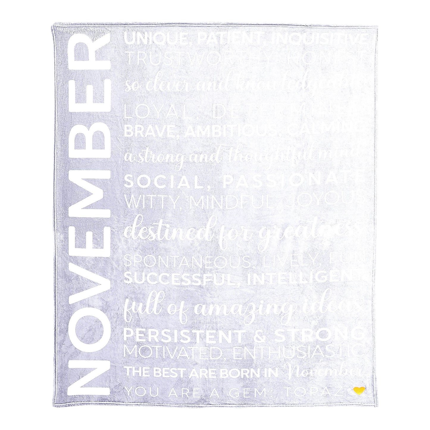 November Royal Plush Birthday Blanket - Cozy Gray Throw with Yellow Embroidered Heart, 50 x 60 inches