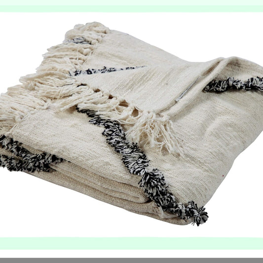GeoWeave Cotton Throw Blanket - Cream/Black Hand-Woven Design