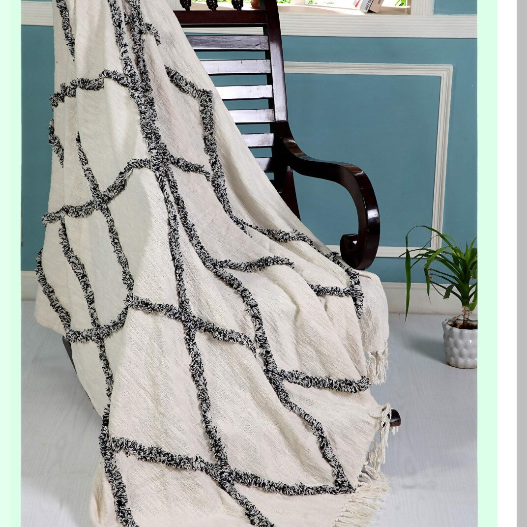 GeoWeave Cotton Throw Blanket - Cream/Black Hand-Woven Design
