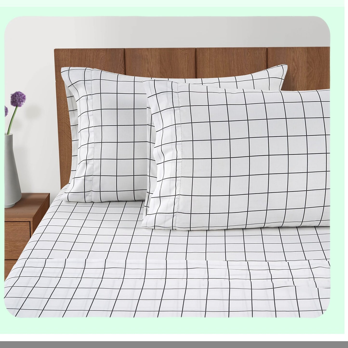 CoolCotton Pillowcase Set - Ultra Soft & Crisp Standard Size Covers with Windowpane Charcoal Design - Percale Weave for a Refreshing Sleep Experience