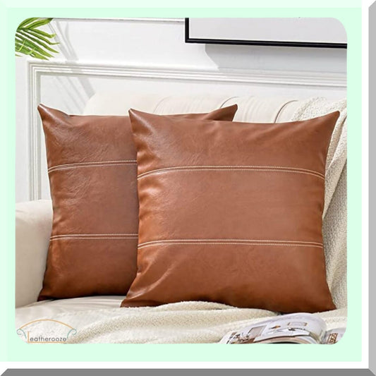 Cognac Brown Leather Pillow Covers - Set of 2 Modern Solid Square Cushion Cases for Couch & Bed - Thick Decorative Living Room & Bedroom Accessories - 24x24 inches