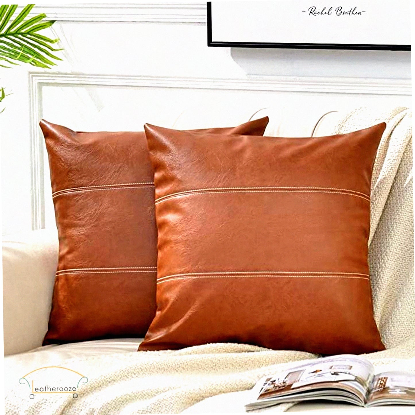Cognac Brown Leather Pillow Covers - Set of 2 Modern Solid Square Cushion Cases for Couch & Bed - Thick Decorative Living Room & Bedroom Accessories - 24x24 inches