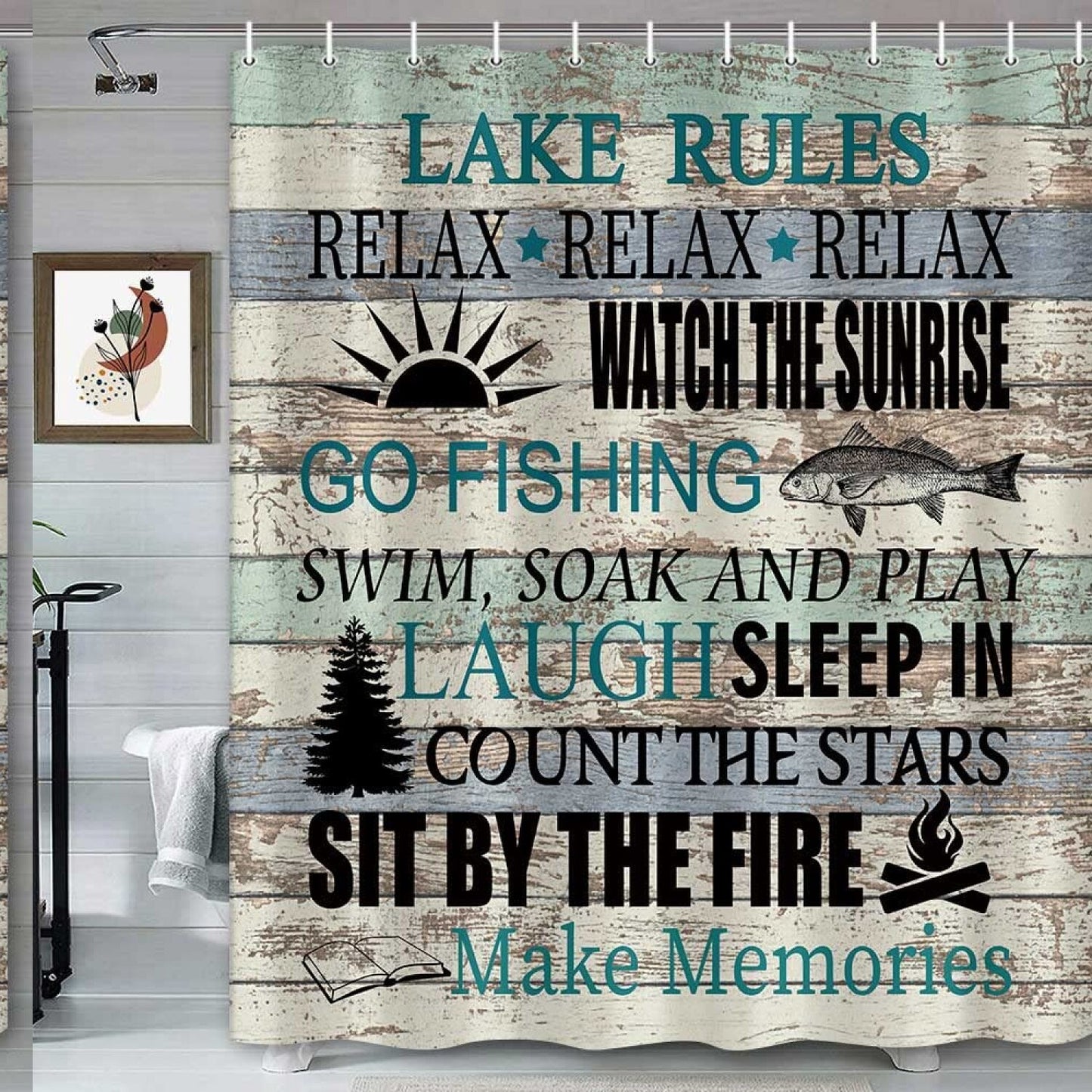 Rustic Lake Rules Shower Curtain 72x72 inches with Hooks