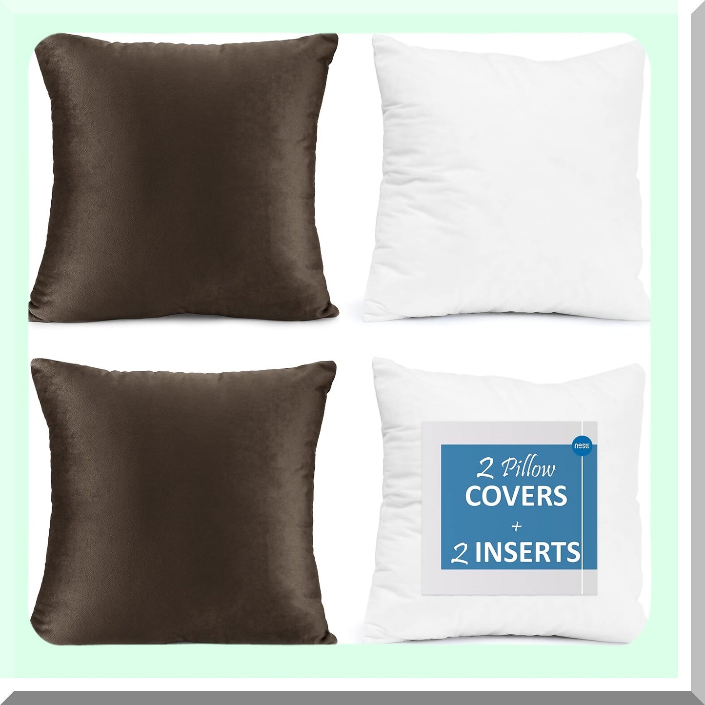 VelvetSoft Square Pillow Set - 2 Pack Inserts & Covers, Sofa Couch Car Bedroom Decor, 22X22 Pillows with 20x20 Washable Cushion, Dark Brown