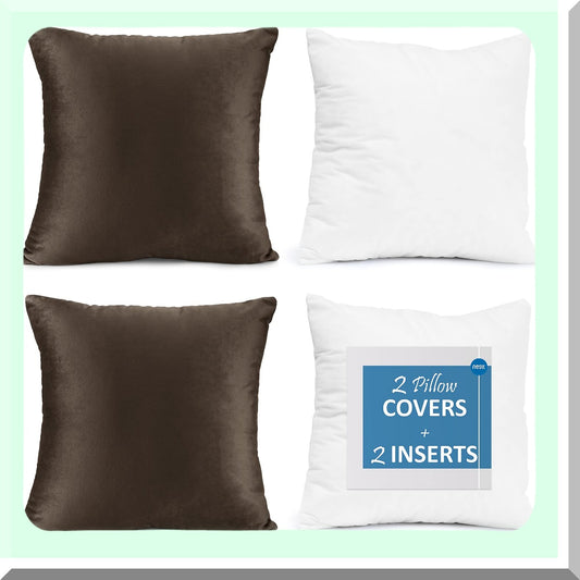 VelvetSoft Square Pillow Set - 2 Pack Inserts & Covers, Sofa Couch Car Bedroom Decor, 22X22 Pillows with 20x20 Washable Cushion, Dark Brown