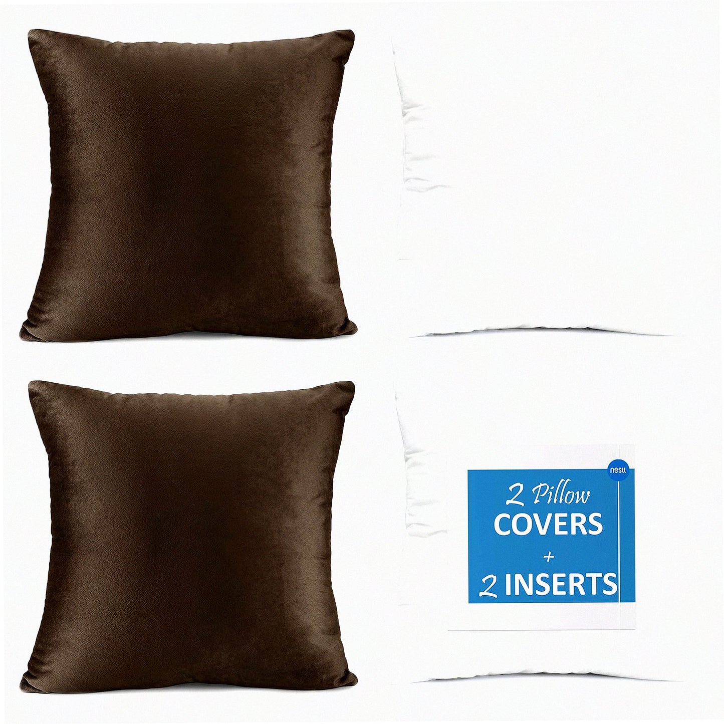 VelvetSoft Square Pillow Set - 2 Pack Inserts & Covers, Sofa Couch Car Bedroom Decor, 22X22 Pillows with 20x20 Washable Cushion, Dark Brown