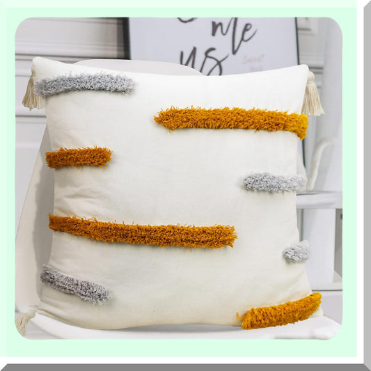 Yellow Stripe Boho Farmhouse Throw Pillow Covers - Modern Minimalism Accent Cushion Covers for Couch Sofa Bedroom - Woven Tufted Decorative Pillows