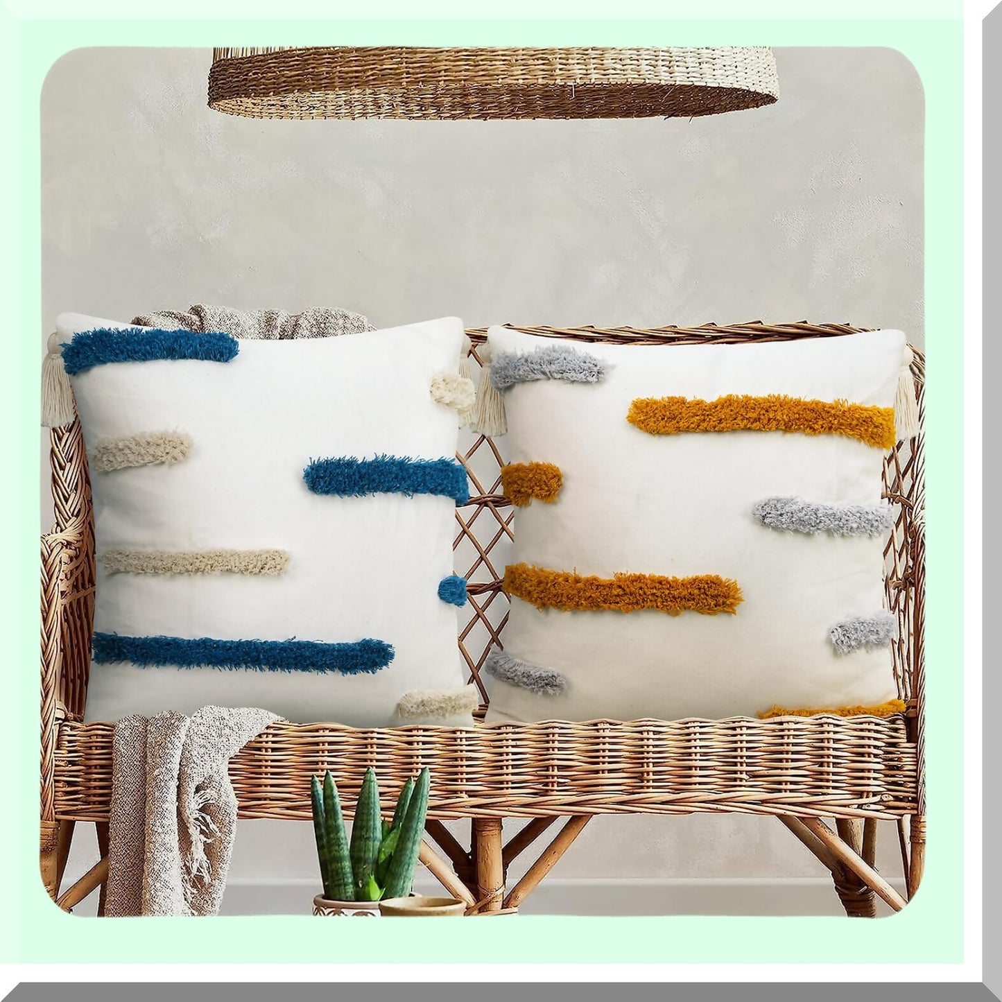 Yellow Stripe Boho Farmhouse Throw Pillow Covers - Modern Minimalism Accent Cushion Covers for Couch Sofa Bedroom - Woven Tufted Decorative Pillows
