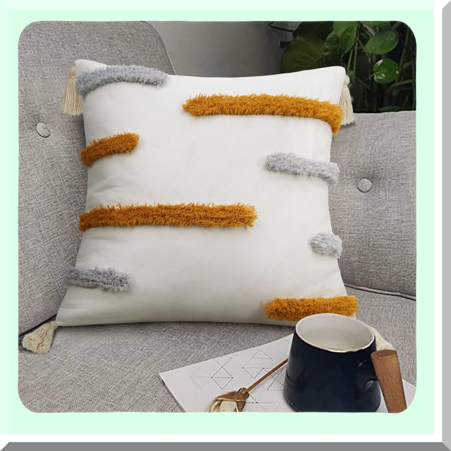 Yellow Stripe Boho Farmhouse Throw Pillow Covers - Modern Minimalism Accent Cushion Covers for Couch Sofa Bedroom - Woven Tufted Decorative Pillows