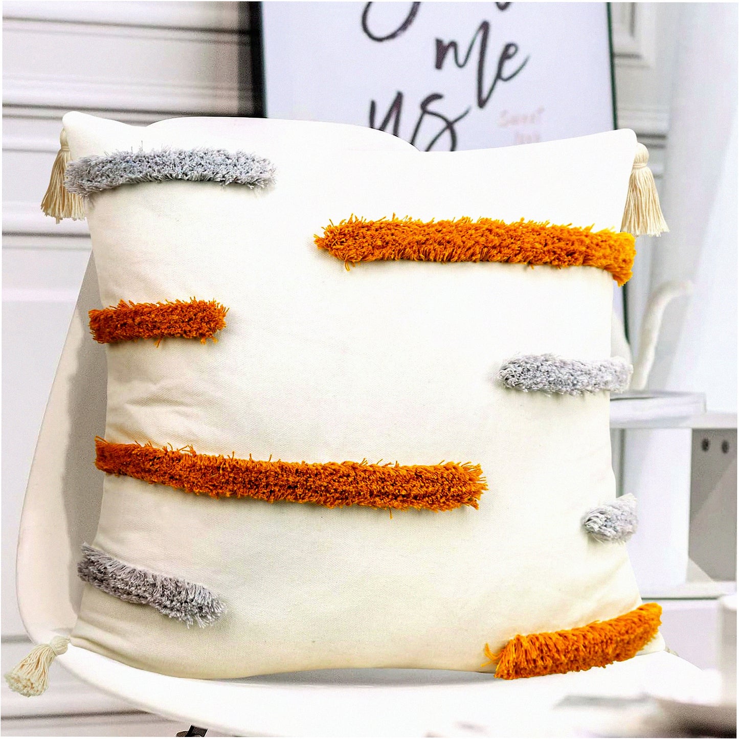 Yellow Stripe Boho Farmhouse Throw Pillow Covers - Modern Minimalism Accent Cushion Covers for Couch Sofa Bedroom - Woven Tufted Decorative Pillows