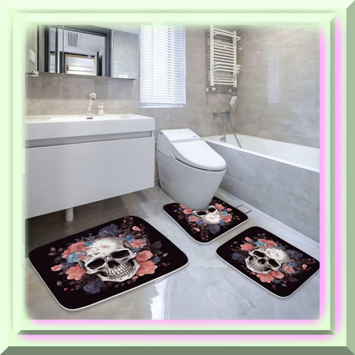 Floral Sugar Skull and Rose Bath Mat Set