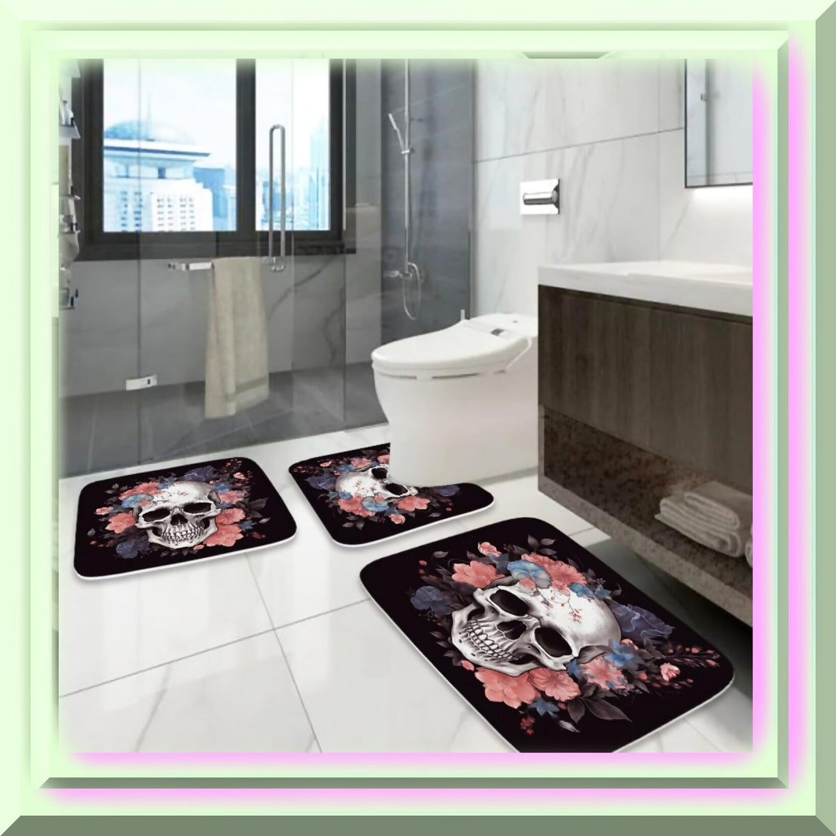 Floral Sugar Skull and Rose Bath Mat Set