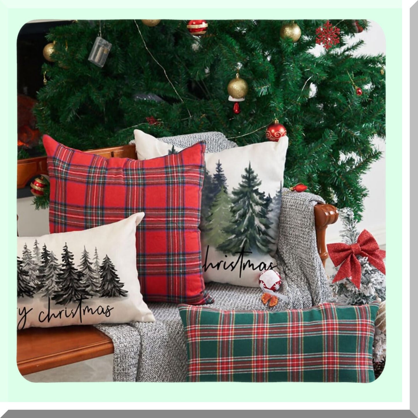 Nature's Rustic Forest Pillow Covers - Watercolor Blue Green Tree Print Decorations for Winter Decor, 18x18 Decorative Throw Pillows.