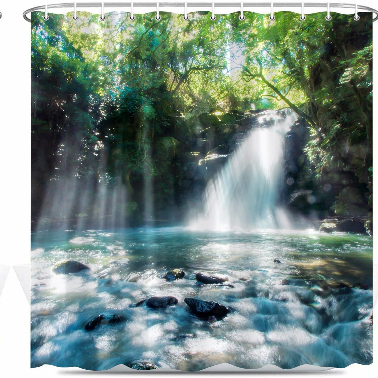 Forest Waterfall Shower Curtain 70x70 Green Polyester