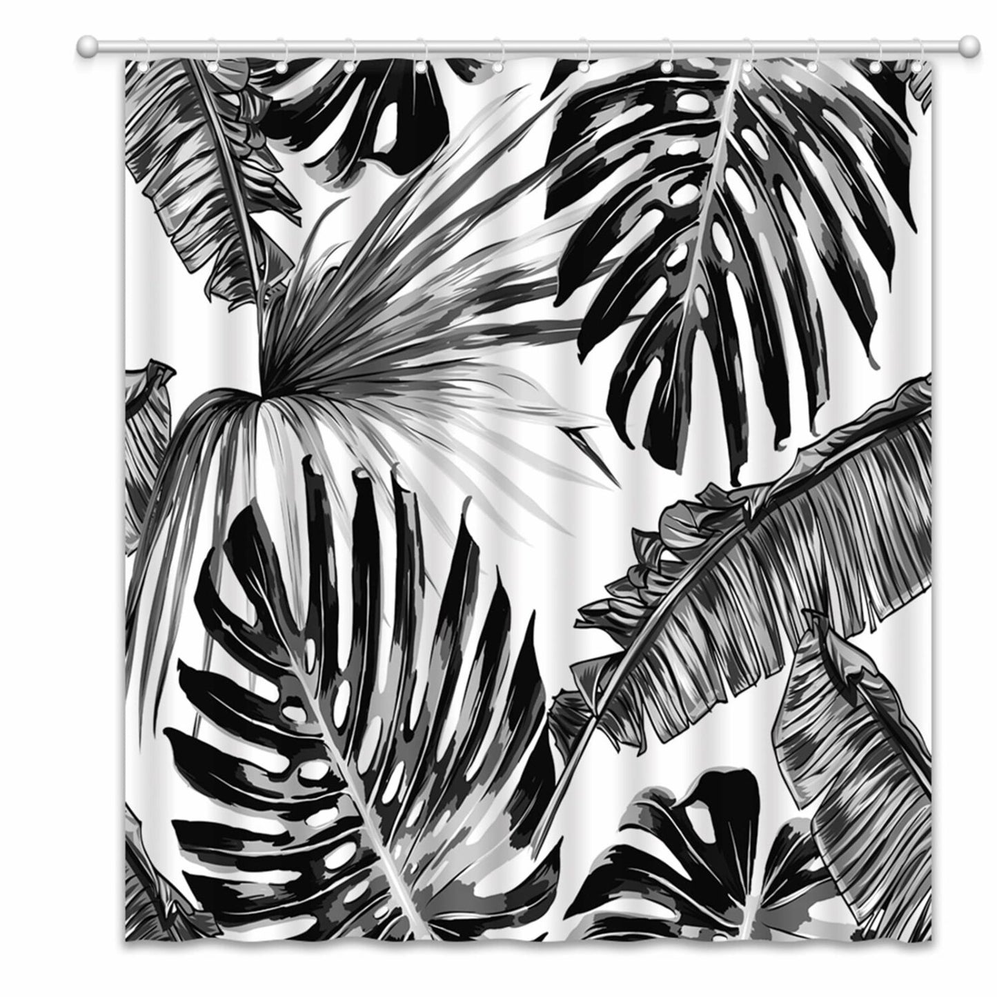 Black and White Leaf Shower Curtain, Tropical Plant, 70x70 inches