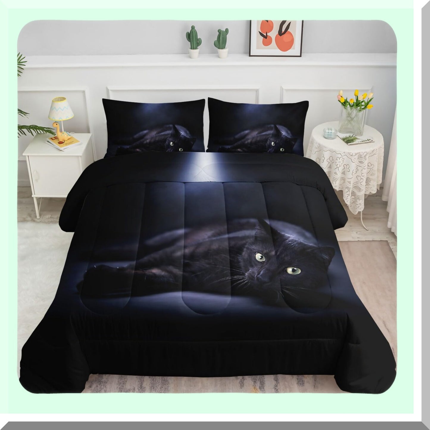 3D Black Cat Comforter Set - Queen Size Bedding with 1 Comforter and 2 Pillowcases - All Season Quilt Set for Adult Bedroom - Dark Cat Pattern - 90x90inches