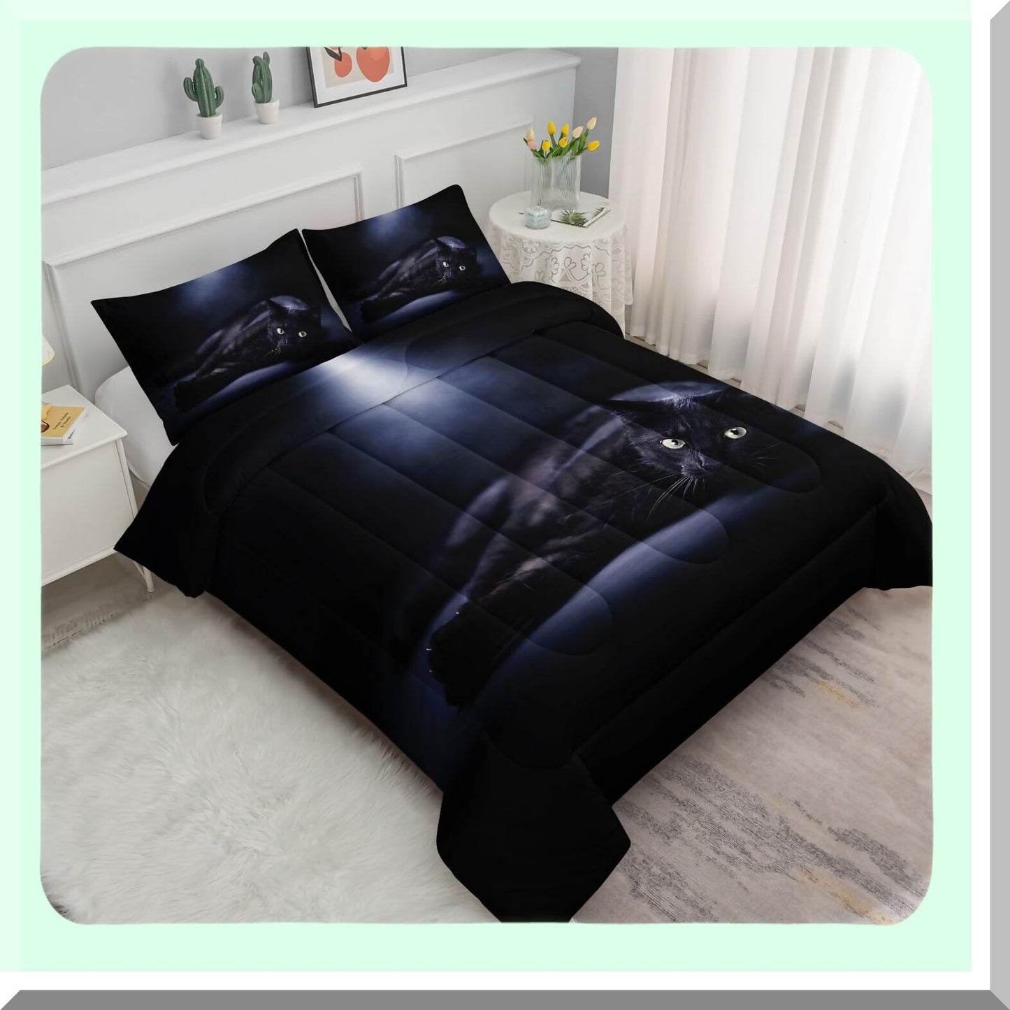 3D Black Cat Comforter Set - Queen Size Bedding with 1 Comforter and 2 Pillowcases - All Season Quilt Set for Adult Bedroom - Dark Cat Pattern - 90x90inches