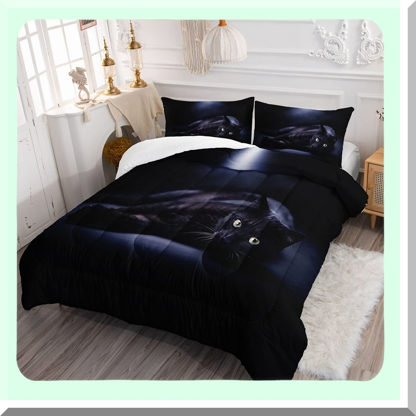 3D Black Cat Comforter Set - Queen Size Bedding with 1 Comforter and 2 Pillowcases - All Season Quilt Set for Adult Bedroom - Dark Cat Pattern - 90x90inches