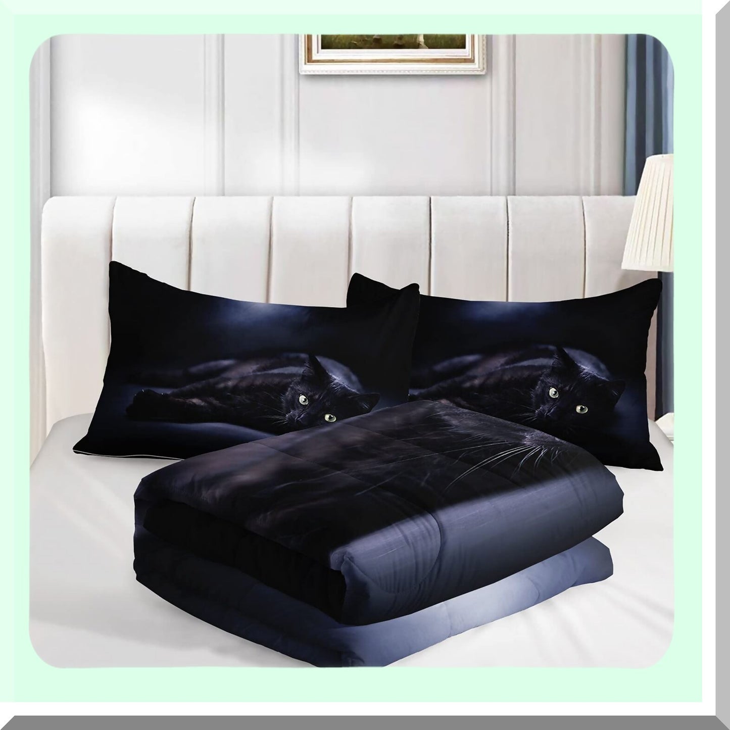 3D Black Cat Comforter Set - Queen Size Bedding with 1 Comforter and 2 Pillowcases - All Season Quilt Set for Adult Bedroom - Dark Cat Pattern - 90x90inches