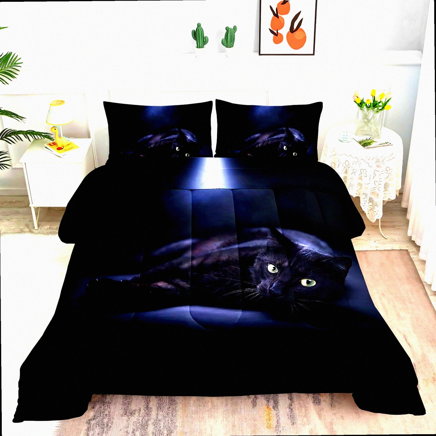3D Black Cat Comforter Set - Queen Size Bedding with 1 Comforter and 2 Pillowcases - All Season Quilt Set for Adult Bedroom - Dark Cat Pattern - 90x90inches