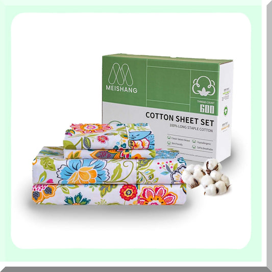 Cooling Floral Cotton Sheets - 600 Thread Count, Deep Pocket 4-Piece Set - Soft & Breathable 100% Long Staple Cotton Bed Sheets - Flower Print