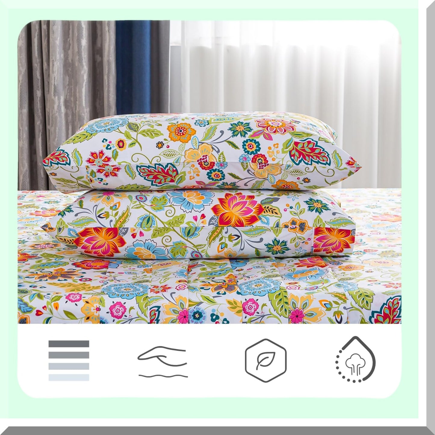 Cooling Floral Cotton Sheets - 600 Thread Count, Deep Pocket 4-Piece Set - Soft & Breathable 100% Long Staple Cotton Bed Sheets - Flower Print