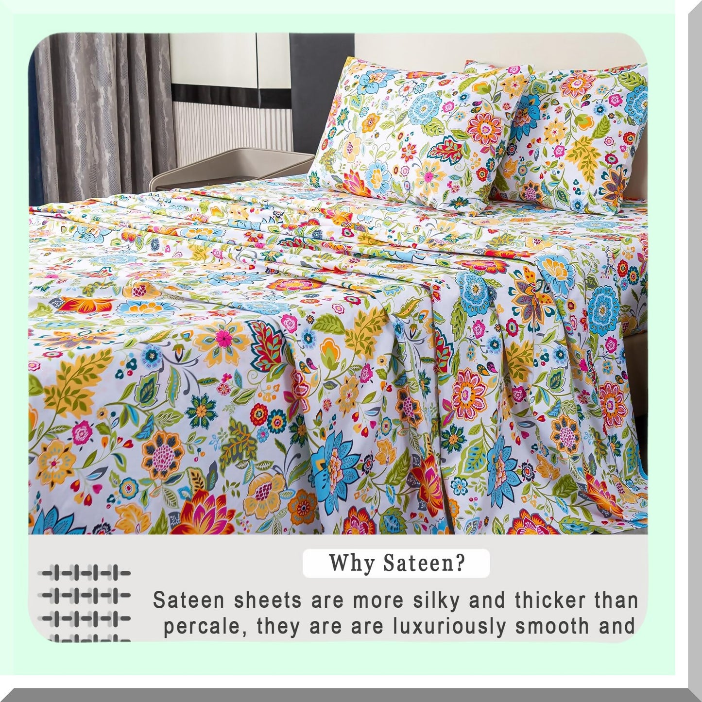Cooling Floral Cotton Sheets - 600 Thread Count, Deep Pocket 4-Piece Set - Soft & Breathable 100% Long Staple Cotton Bed Sheets - Flower Print