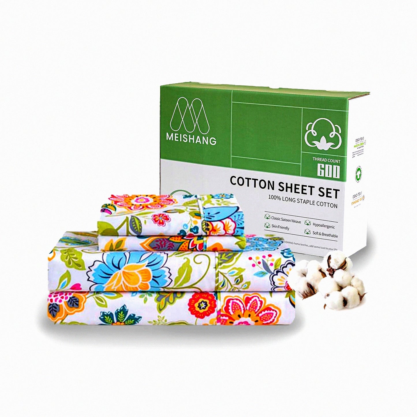Cooling Floral Cotton Sheets - 600 Thread Count, Deep Pocket 4-Piece Set - Soft & Breathable 100% Long Staple Cotton Bed Sheets - Flower Print