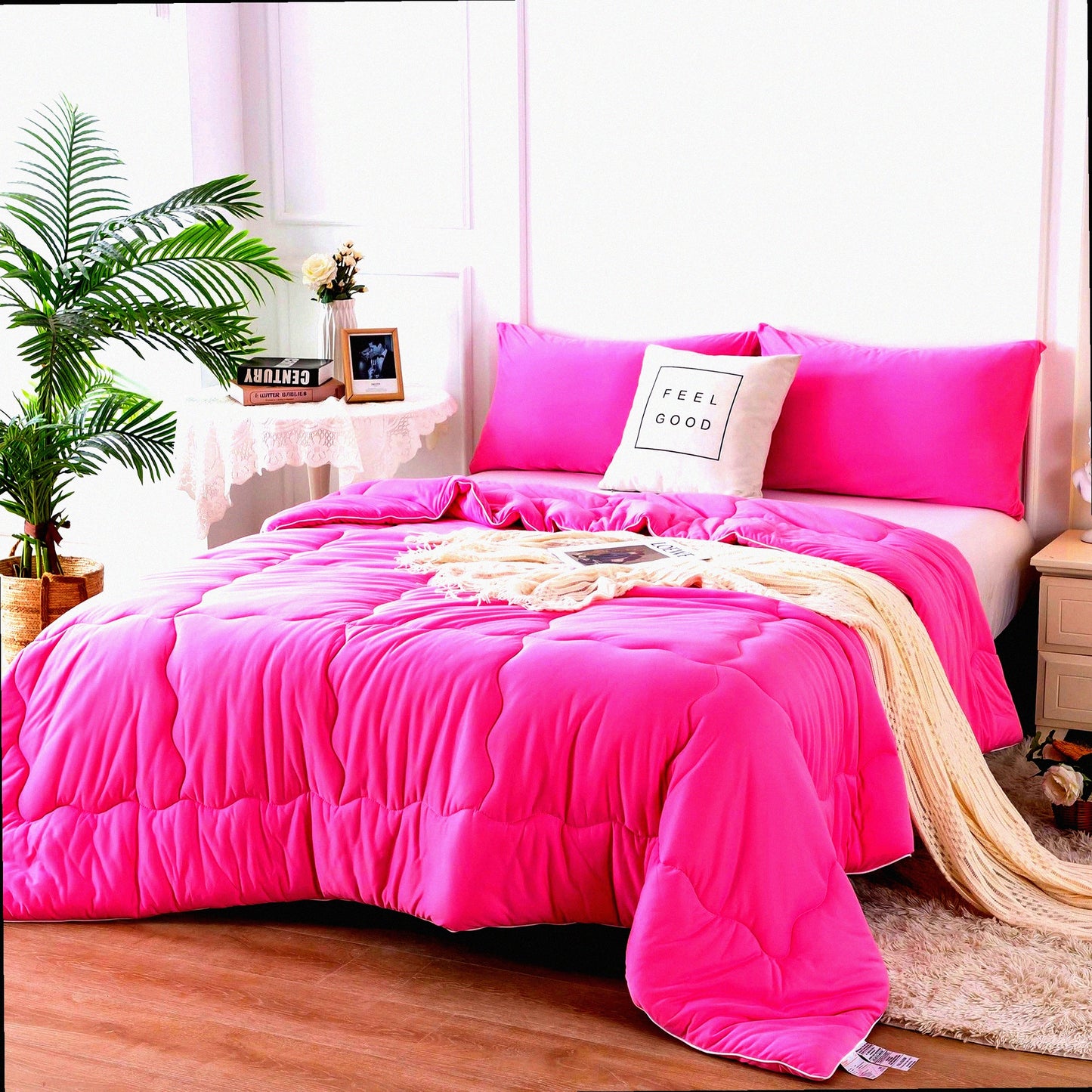 UltraSoft Rose Pink Jersey Knit Comforter Set - Cozy Lightweight Bedding Blanket for Women & Girls - Durable All Season Queen Size with Pillowcase