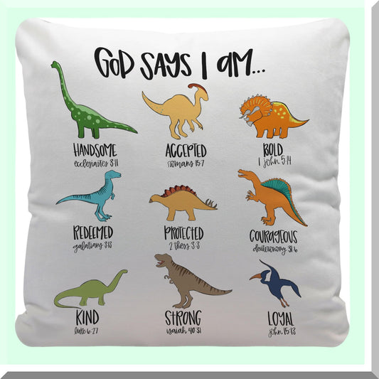 Dino Scripture Pillow Cover - Christian Bible Verse Decor for Kids Room, Nursery, Playroom - God Says I am - Gifts for Dinosaur Lovers - 18x18"