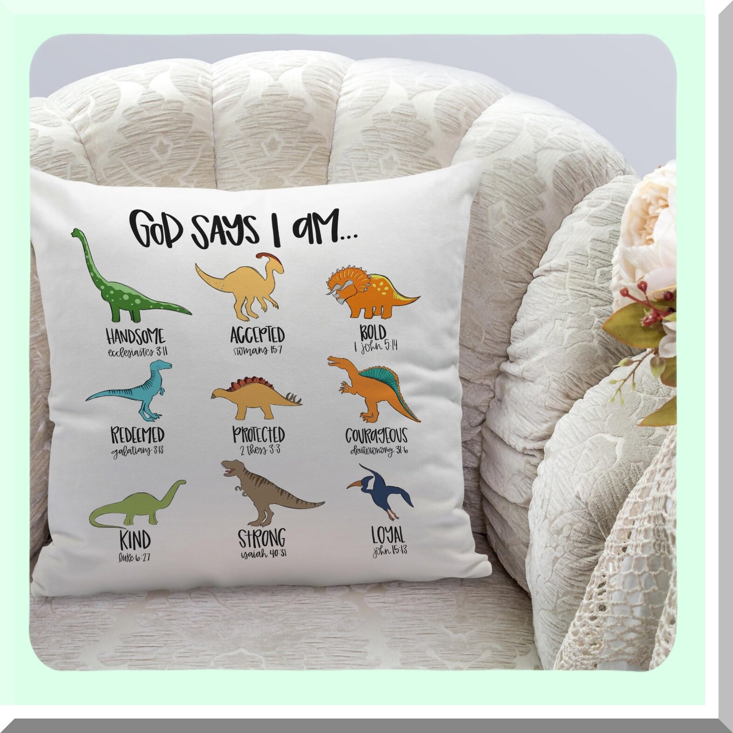 Dino Scripture Pillow Cover - Christian Bible Verse Decor for Kids Room, Nursery, Playroom - God Says I am - Gifts for Dinosaur Lovers - 18x18"