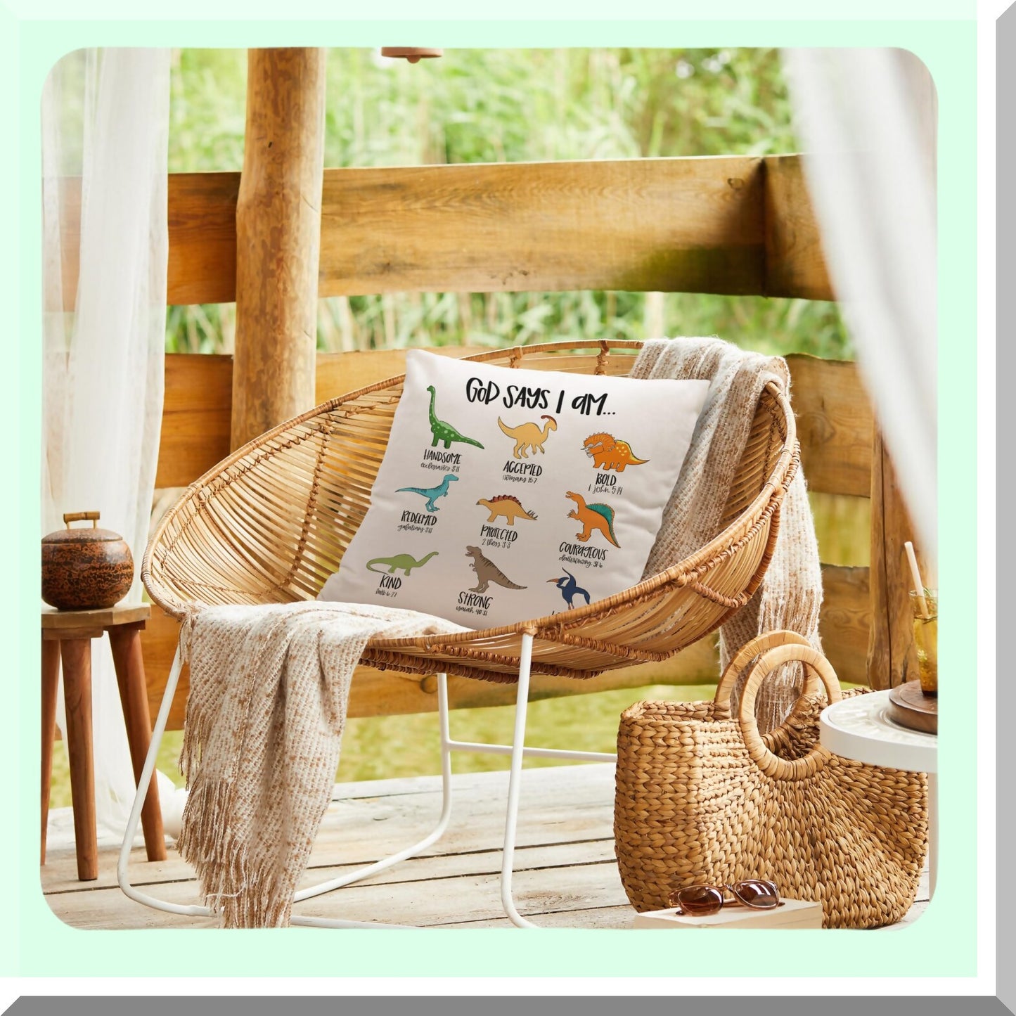 Dino Scripture Pillow Cover - Christian Bible Verse Decor for Kids Room, Nursery, Playroom - God Says I am - Gifts for Dinosaur Lovers - 18x18"