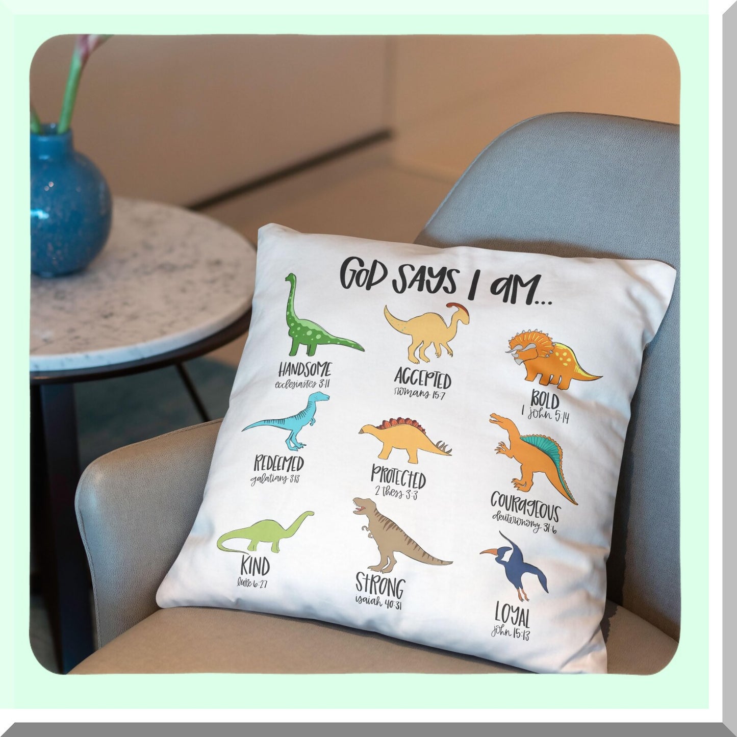 Dino Scripture Pillow Cover - Christian Bible Verse Decor for Kids Room, Nursery, Playroom - God Says I am - Gifts for Dinosaur Lovers - 18x18"