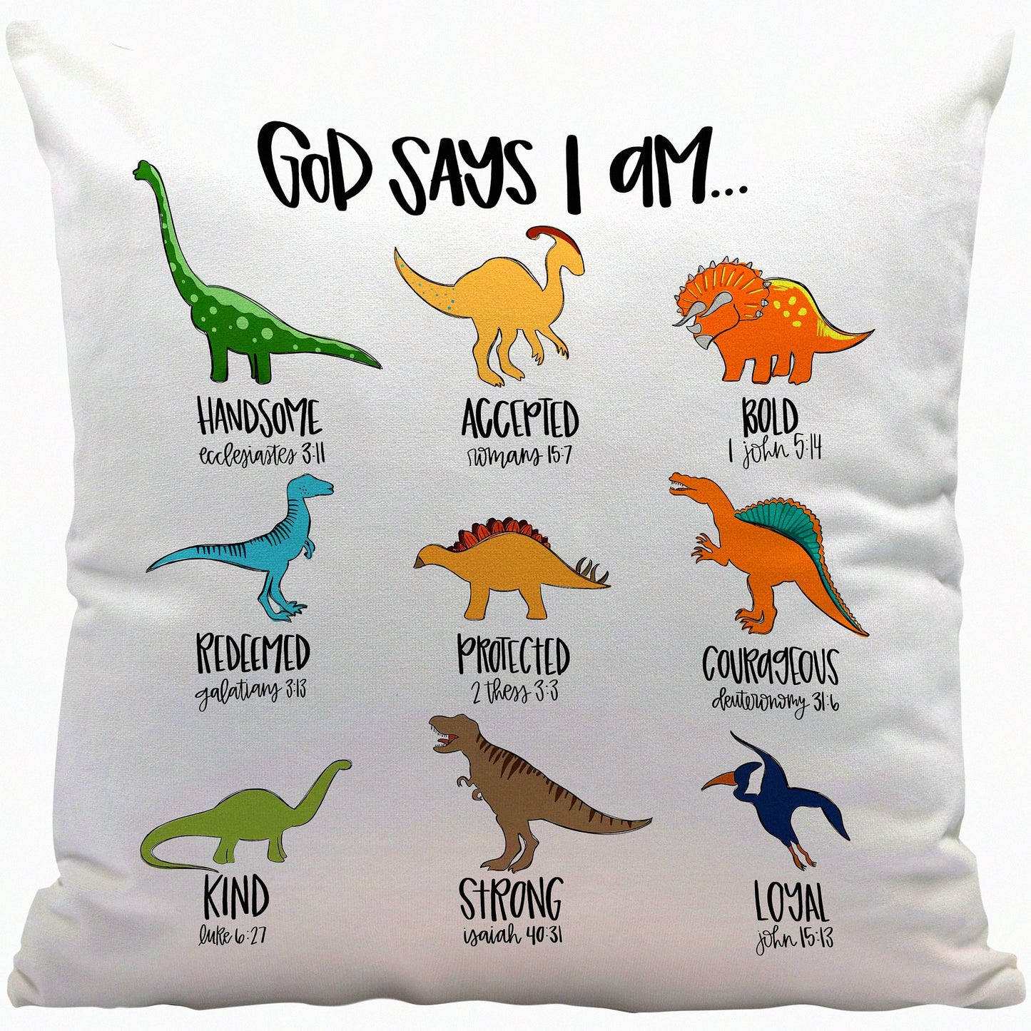 Dino Scripture Pillow Cover - Christian Bible Verse Decor for Kids Room, Nursery, Playroom - God Says I am - Gifts for Dinosaur Lovers - 18x18"