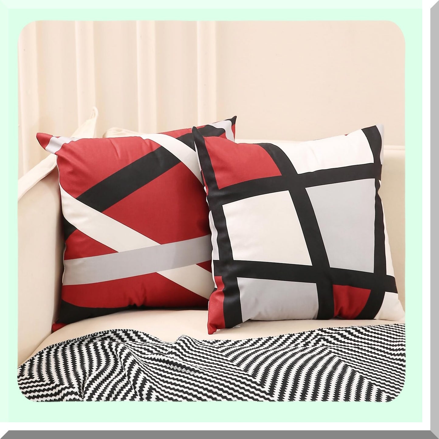 Abstract Stripe Geometric Pillowcase Set - Red Black Grey Decorative Throw Pillow Covers 20x20 for Sofa Couch Bed Living Room - Pack of 4
