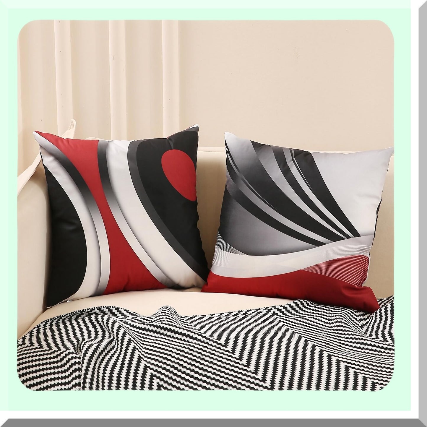 Abstract Stripe Geometric Pillowcase Set - Red Black Grey Decorative Throw Pillow Covers 20x20 for Sofa Couch Bed Living Room - Pack of 4